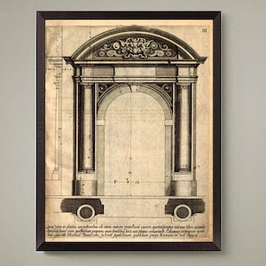 Op de afbeelding: Een vintage architectonische tekening van een boog met een decoratief bovenstuk. De tekening is in zwart-wit en heeft een bruine achtergrond. De tekst "III" staat in de rechterbovenhoek van de tekening. De tekst "Quia vero in plateis angultioribus ab omni maiori proiecturi cauere oportet/fpropter nationer bibro secundo dandas) hand cur cum quibufdam propone, qu&aelig; fimilibus locis aut platis conuenient. Columns in murum eunti bus ut est Michad Bona rota, feclities fepulchrum quoddam prope Romam in vid Appia" staat onderaan de tekening.