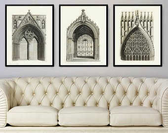 3 Set Architectural prints, European Arch Portal facades, gothic architecture, engravings, classic home decor, office decor