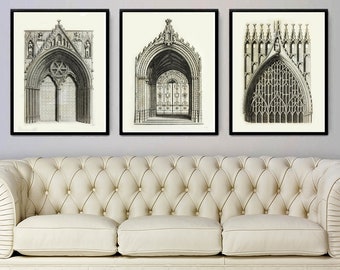 Láminas de arquitectura gótica, portal de arco europeo, decoración para el hogar y la oficina, juego de 3