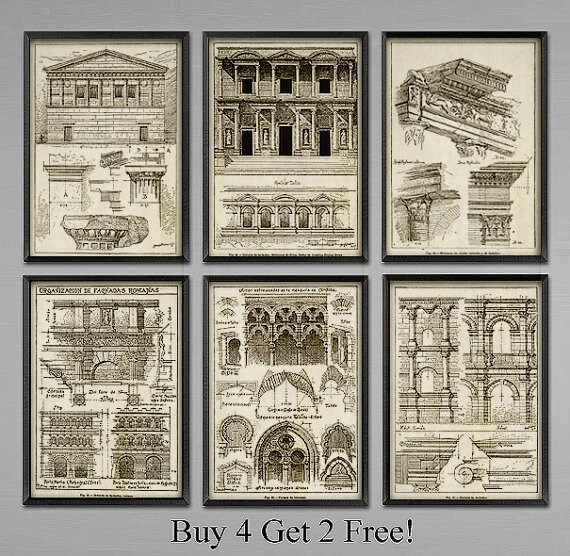 6 Set Classic Roman Architecture diagram art prints. Special | Etsy