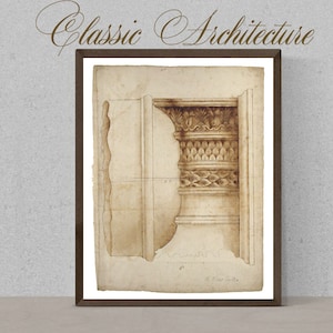 May include: A framed print of a vintage architectural drawing of a column capital. The drawing is in sepia tones and shows intricate details of the capital's design.
