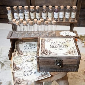 Puede incluir: Un expositor de madera con dos filas de viales de vidrio transparente con tapones de corcho, algunos con especímenes naturales etiquetados. Una caja de madera con cierre metálico muestra el texto Cabinet des Merveilles de Niels y etiquetas.