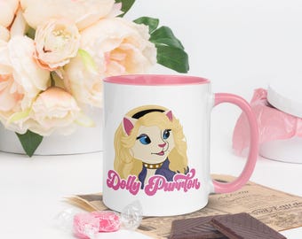 Dolly "Purrton" Parton Cat Mug with Color Inside- Pink. 11 or 15 oz mug