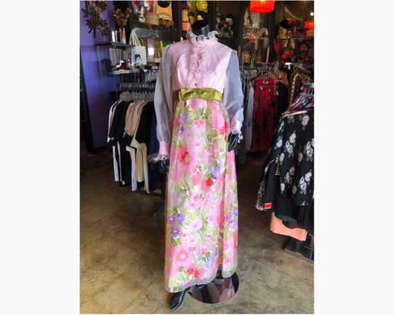 70s Pink Ruffle Floral Prairie Dress