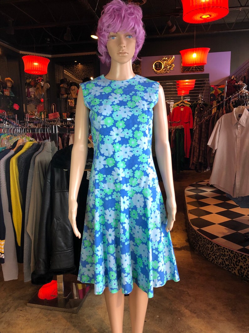 Blue and Green Floral Daisy Dress Vintage 60s Dress