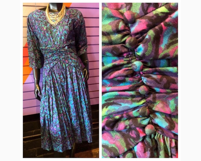 Blue Purple and Pink Swirly Full Skirt Dress with Back Bow and Plunging Back Line Green Vintage 50s Dress