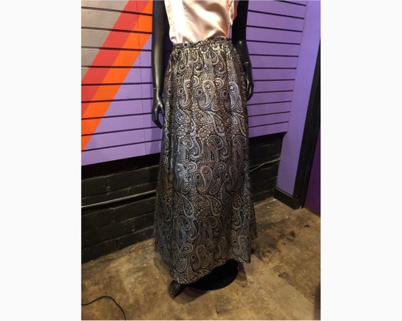 70s Vintage Metallic Paisley Print Maxi Skirt