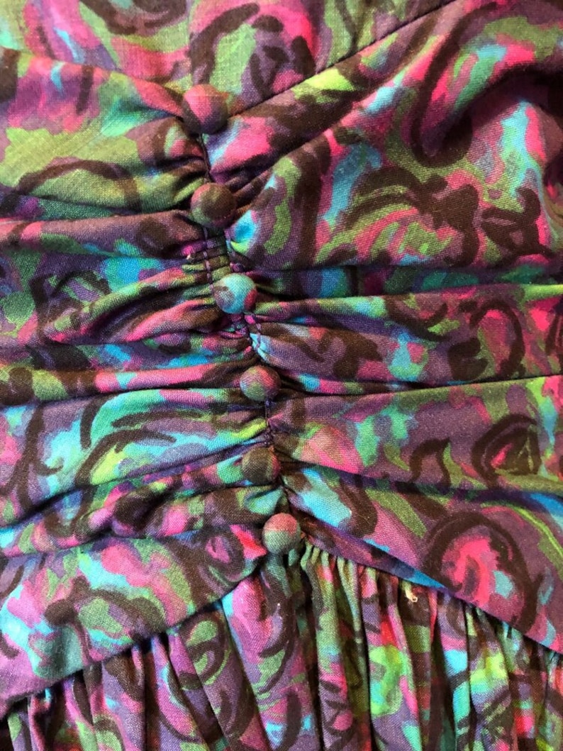 Blue Purple and Pink Swirly Full Skirt Dress with Back Bow and Plunging Back Line Green Vintage 50s Dress