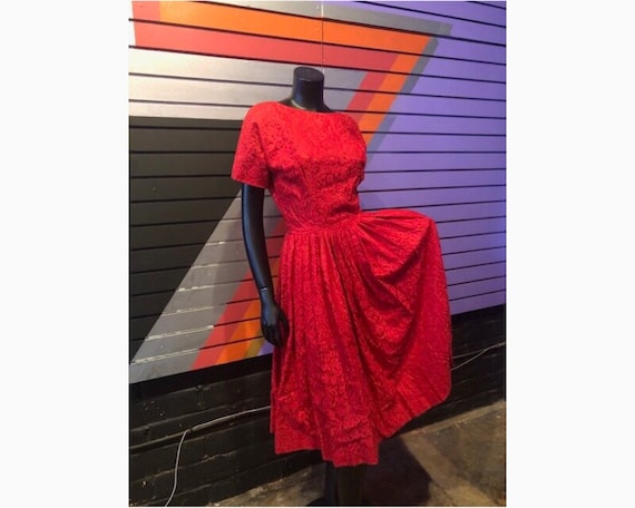 50s Vintage Red Lace Full Skirt Dress