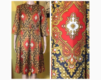 Vintage 50s Dress - 1950s Red Gold White and Blue Shirtwaist Dress with Belt and Full Skirt by Sir Rob