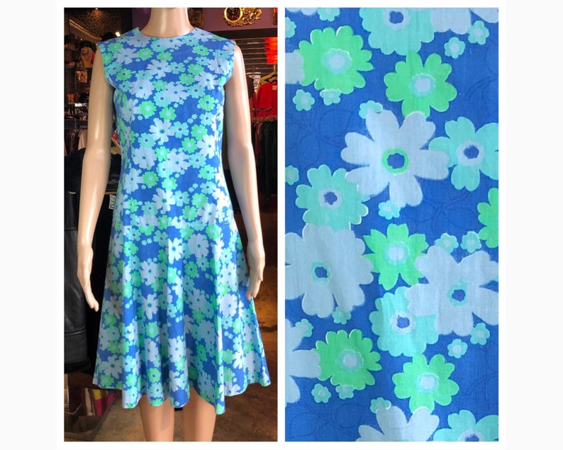 Blue and Green Floral Daisy Dress Vintage 60s Dress