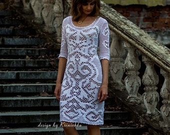 Crochet dress PATTERN in English size M, CHART and basic instructions crochet dress diagram, chart filet crochet dress design by Krinichka