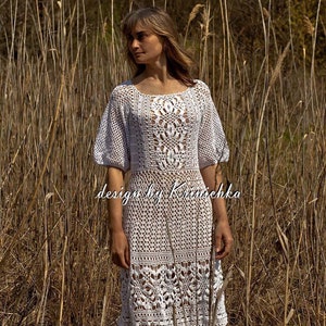 PATTERN Crochet Dress With Puff Sleeves in ENGLISH, Dress Knee Length ...