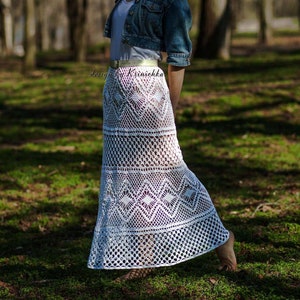 Crochet maxi skirt PATTERN in English sizes M-L, Boho maxi skirt tutorial, charts diagrams crochet wedding long skirt design by Krinichka