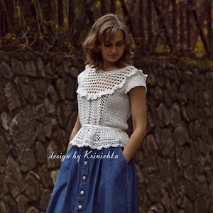 PATTERN ruffled crochet top in English size M - L, crochet lace top tutorial, diagrams Boho crochet top, flared top, design by Krinichka