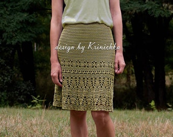 Crochet knee length straight skirt PATTERN sizes S-XL in English, lace crochet skirt tutorial size S, M, L, XL party mini skirt by Krinichka
