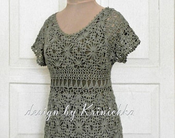 PATTERN Crochet dress from square motifs, size M (USA 8), in English, midi length, V-neck