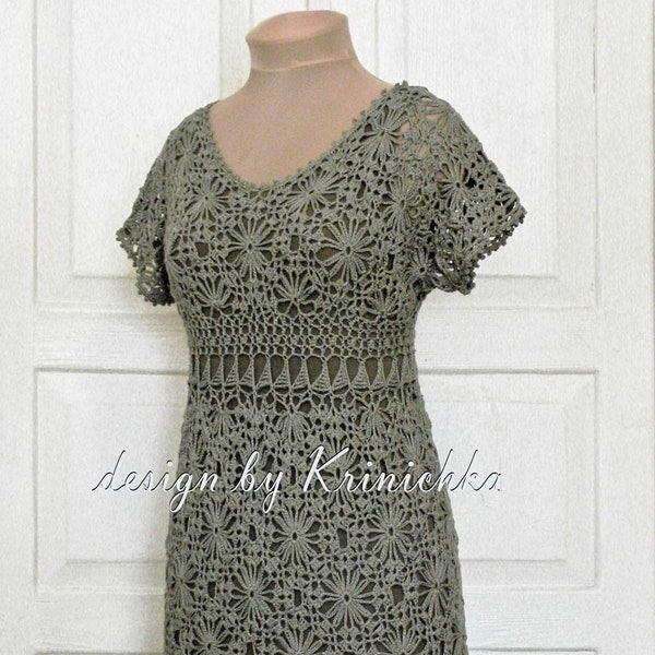 PATTERN Crochet dress from square motifs, size M (USA 8), in English, midi length, V-neck