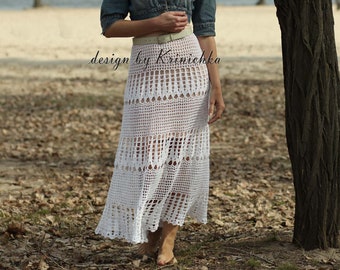 PATTERN crochet maxi skirt in English sizes M-L, Boho crochet skirt tutorial, crochet beach wedding skirt pattern by Krinichka