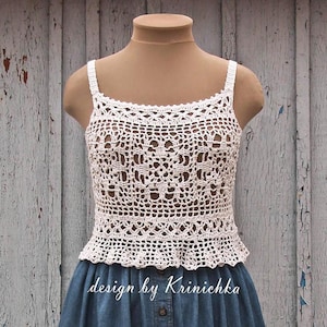 Crochet top PATTERN in English size M (USA 6/8), crochet lace top diagrams womens top with spaghetti straps, design by Krinichka