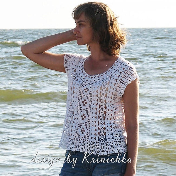 Crochet top PATTERN in English size M (USA 6/8), crochet lace top diagrams Boho crochet top, beach short, design by Krinichka