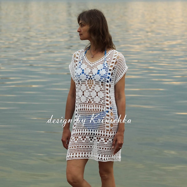 Crochet tunic dress PATTERN in English size M-L Crochet Beachwear PATTERN, swimwear Beach cover up beach apparel pattern design by Krinichka