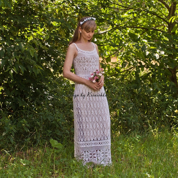 Crochet wedding dress PATTERN in English, size M, Boho maxi strappy dress PATTERN, crochet bridal dress design by Krinichka