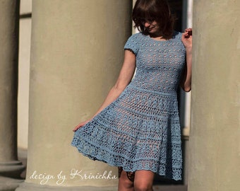 Crochet blue flared dress PATTERN only in Ukrainian. Size S-M