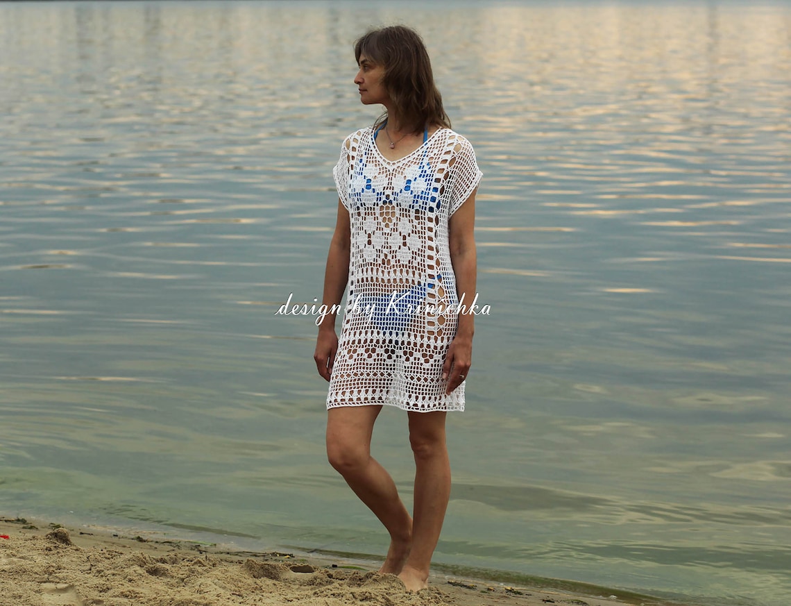 White Crochet Beach Cover Up Beach Boho Crochet Dress Lace Etsy