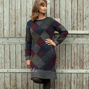 Patchwork  wool sweater dress , warm long sweater granny square, Multicolour Knee length winter fall dress sweater, hand knit sweaterdress