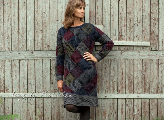 Patchwork Wool Sweater Dress Warm Long Sweater Granny Square Multicolour Knee Length Winter Fall Dress Sweater Hand Knit Sweaterdress Etsy