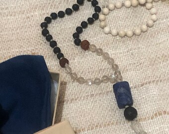 Fossil, Lava, Labradorite & Lapis Lazuli Mala