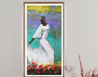 Dancing in the Wind – Black Woman Floral Painting | Textured Figurative Art | Joyful Contemporary Wall Art