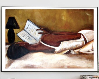 Stampa Su Tela Ragazza Afroamericana Che Legge - Quadro Moderno 30x40 Cm - Decorazione Parete Per Amanti Dei Libri