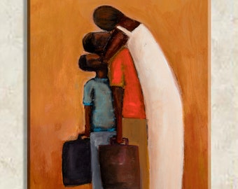 May include: A painting of three people standing together, holding suitcases. The people are painted in a stylized, abstract style with brown, red, blue, and white colors. The background is a warm orange color.