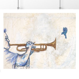 Blew Bird |African American art|Trumpet art| home decor|wall art|black art|art prints|Jazz art| music wall print|abstract art|music art|Bird