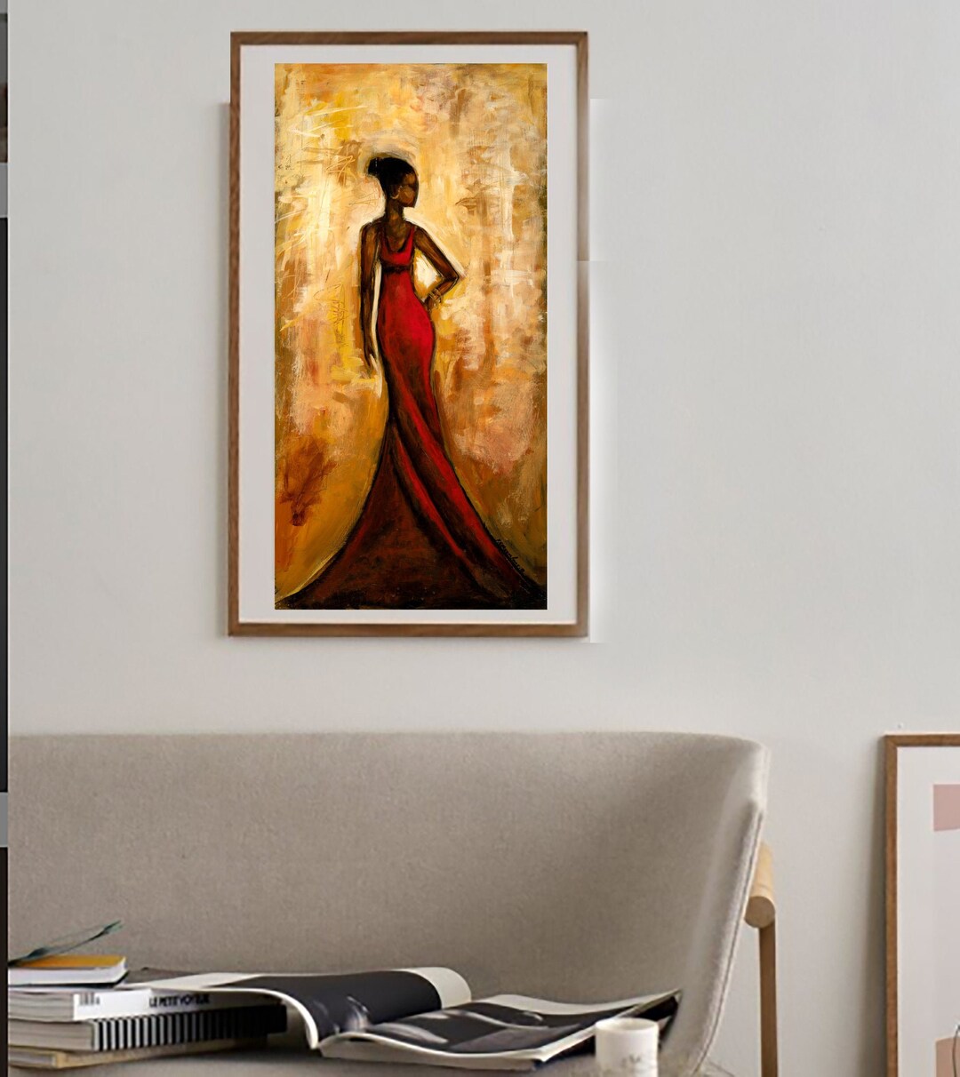 Woman in Red Dress Painting – Elegant Black Woman Figurative Wall Art ...