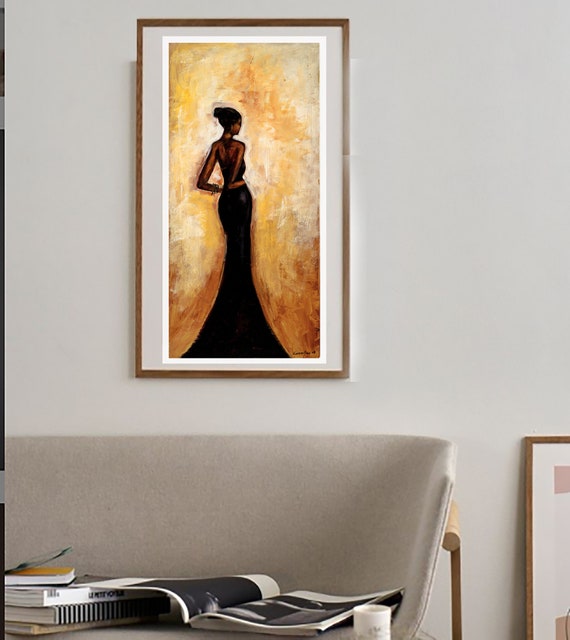 Black Elegance Painting – Woman in Black Dress, Figurative Wall Art