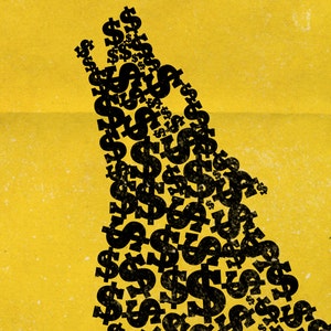 Pode incluir: Um fundo amarelo com uma silhueta preta de um lobo feita de sinais de d&oacute;lar.