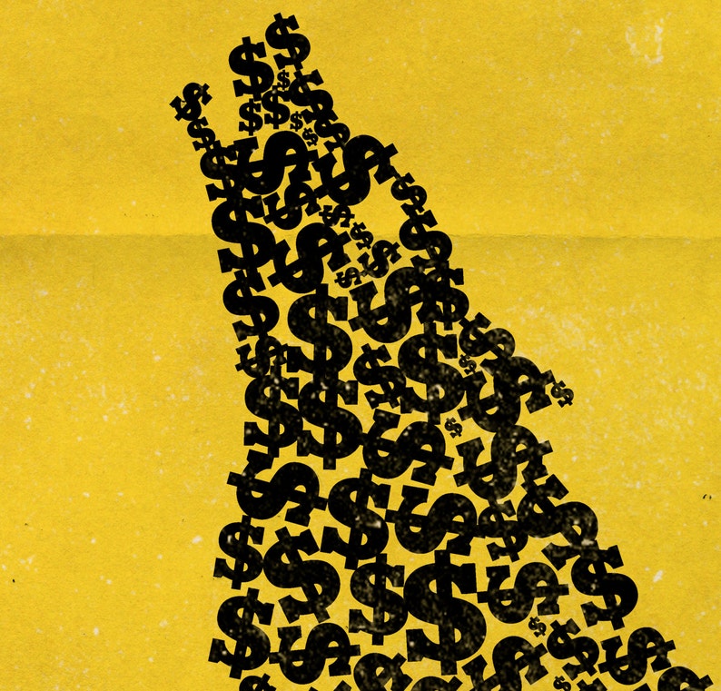 Pode incluir: Um fundo amarelo com uma silhueta preta de um lobo feita de sinais de d&oacute;lar.