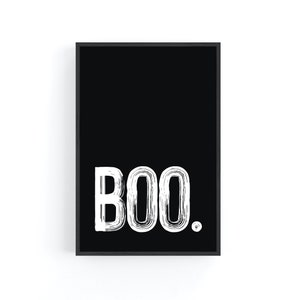 May include: A black and white print with the word "BOO" in a white, stylized font on a black background.