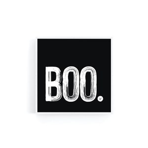 May include: A black and white graphic print with the word "BOO" in a stylized font.