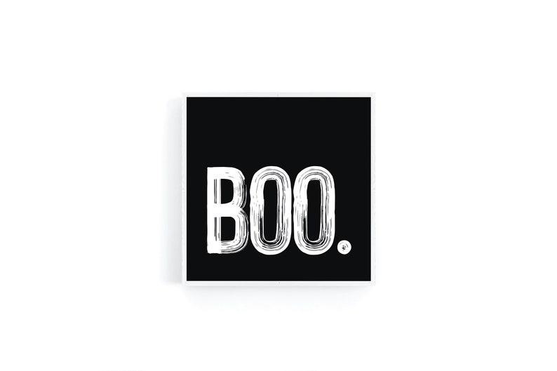 May include: A black and white graphic print with the word "BOO" in a stylized font.
