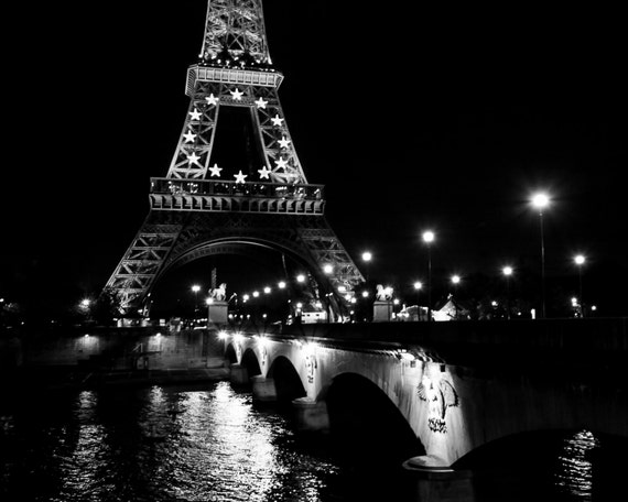 Black And White Photo Eiffel Tower Paris France Night Long Etsy