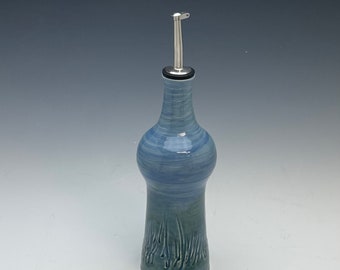 Olive Oil Bottle, Oil Dispenser Cruet, Wheel Thrown, Blue, Handmade, In Stock, Ready to Ship