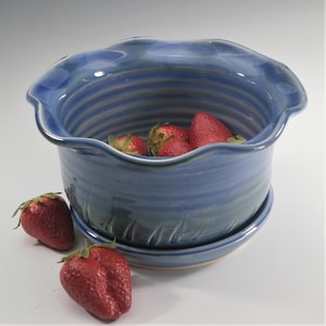 Berry Bowl, Berry Colander, Ceramic Berry Bowl Strainer, Fruit Bowl,  Wheel Thrown, Blue, Handmade, In Stock, Ready to Ship