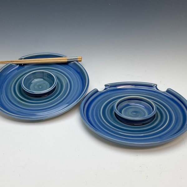 Sushi Plate, Attached Dipping Bowl, Wheel Thrown, Blue, Handmade, In Stock, Ready to Ship, Ceramic, Porcelain/Stoneware Clay Body