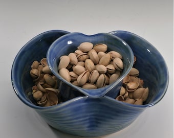 Handmade Ceramic Pistachio Bowl – Double Dish Nut Server (Blue)