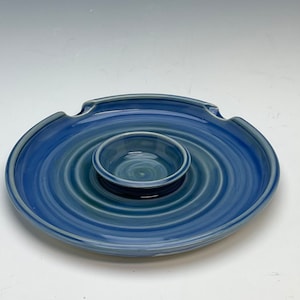 Sushi Plate, Attached Dipping Bowl, Wheel Thrown, Blue, Handmade, In Stock, Ready to Ship, Ceramic, Porcelain/Stoneware Clay Body