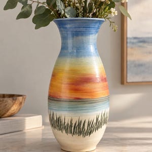 May include: A ceramic vase featuring a hand-painted landscape scene. The design depicts a sandy beach with dark green grass at the base, transitioning into a light blue ocean, and a vibrant sunset sky with orange, yellow, and red brushstrokes.